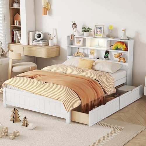 White Twin Size Platform Bed with Bookcase Headboard and 2 Storage Drawers Q7507