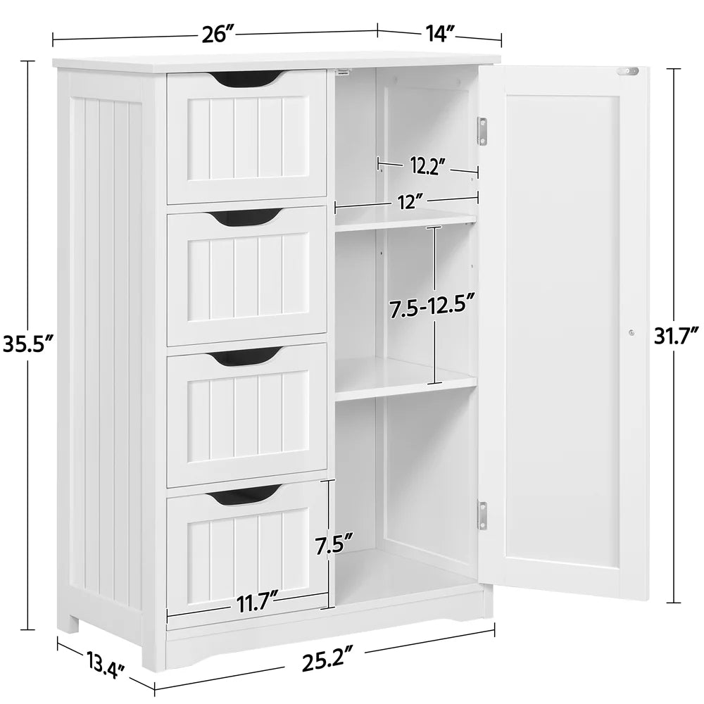 White Wooden Bathroom Floor Cabinet with Drawers and Cupboard J1903