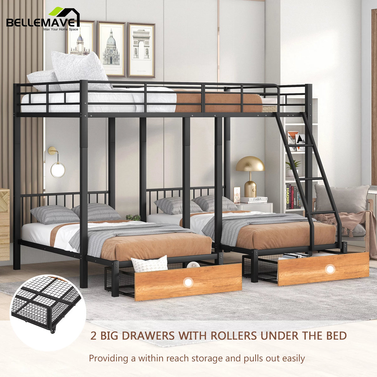 Black Metal Triple Bunk Bed with Storage Drawers Y8482
