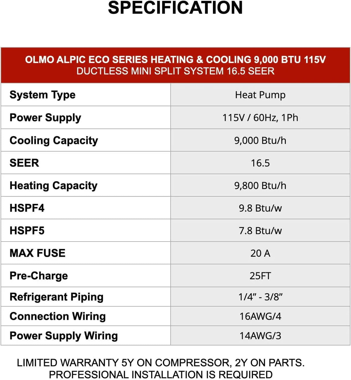 9000 BTU 115V Wall Mounted Mini Split Heat Pump Air Conditioner H3557