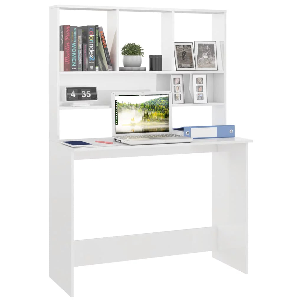 High Gloss White Engineered Wood Desk with Shelves D284