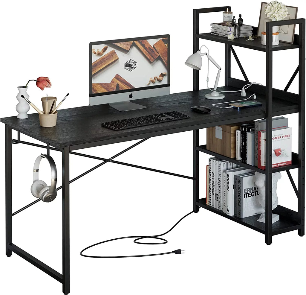 Black Computer Desk with Power Outlet and Storage Shelves J233