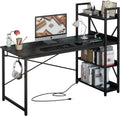 Black Computer Desk with Power Outlet and Storage Shelves J233