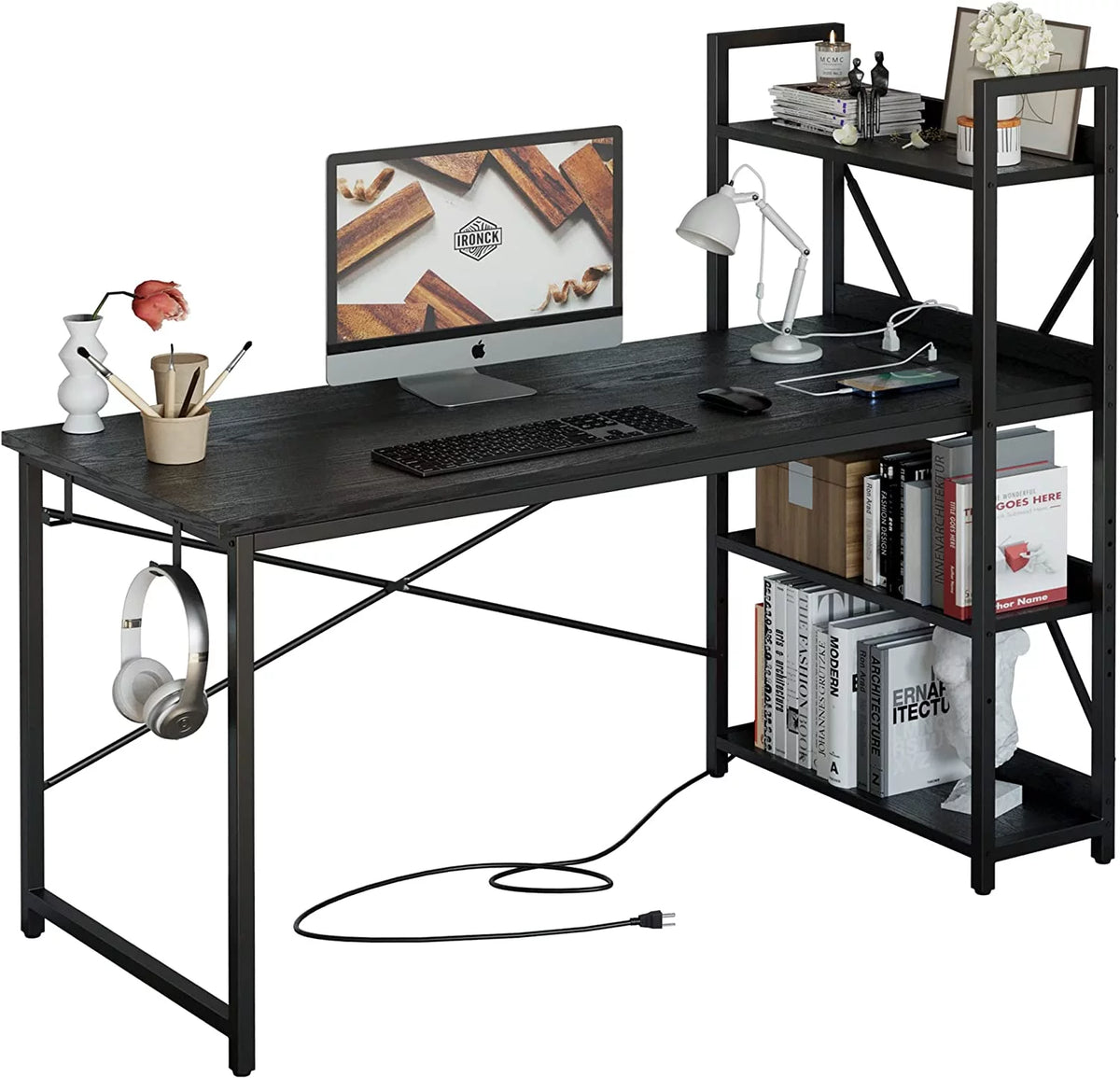 Black Computer Desk with Power Outlet and Storage Shelves J233