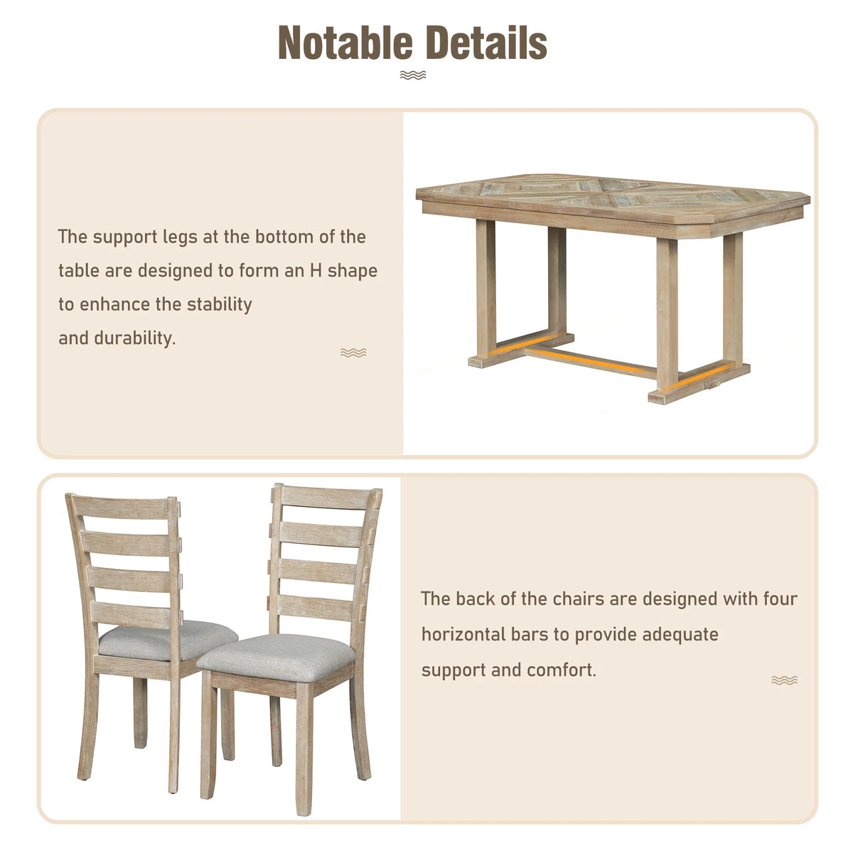 6 Piece Wood Dining Table Set with Bench and 4 Cushioned Chairs X23370