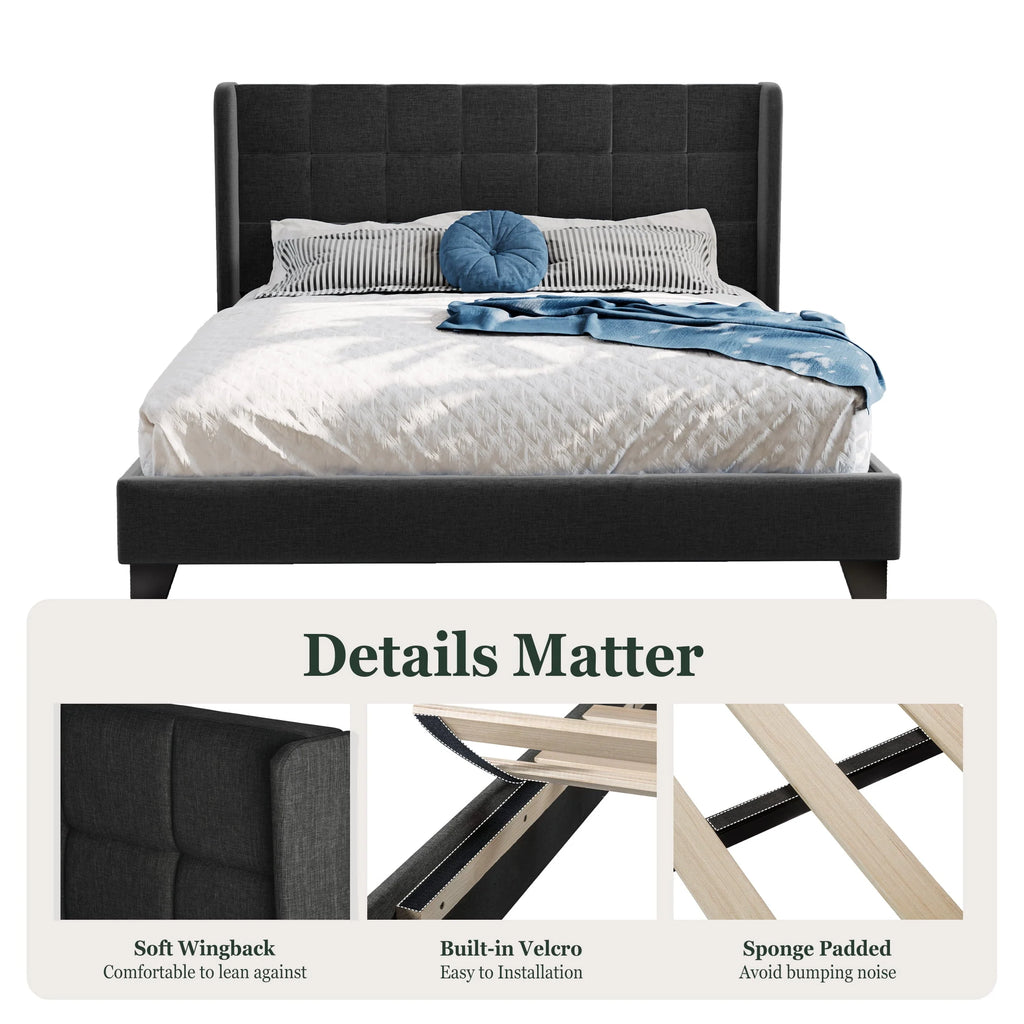 Queen Size Dark Grey Platform Bed with Wingback Headboard B49270