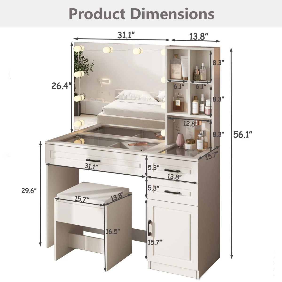 White 45in Vanity Desk Set with Lighted Mirror and Glass Desktop V9441