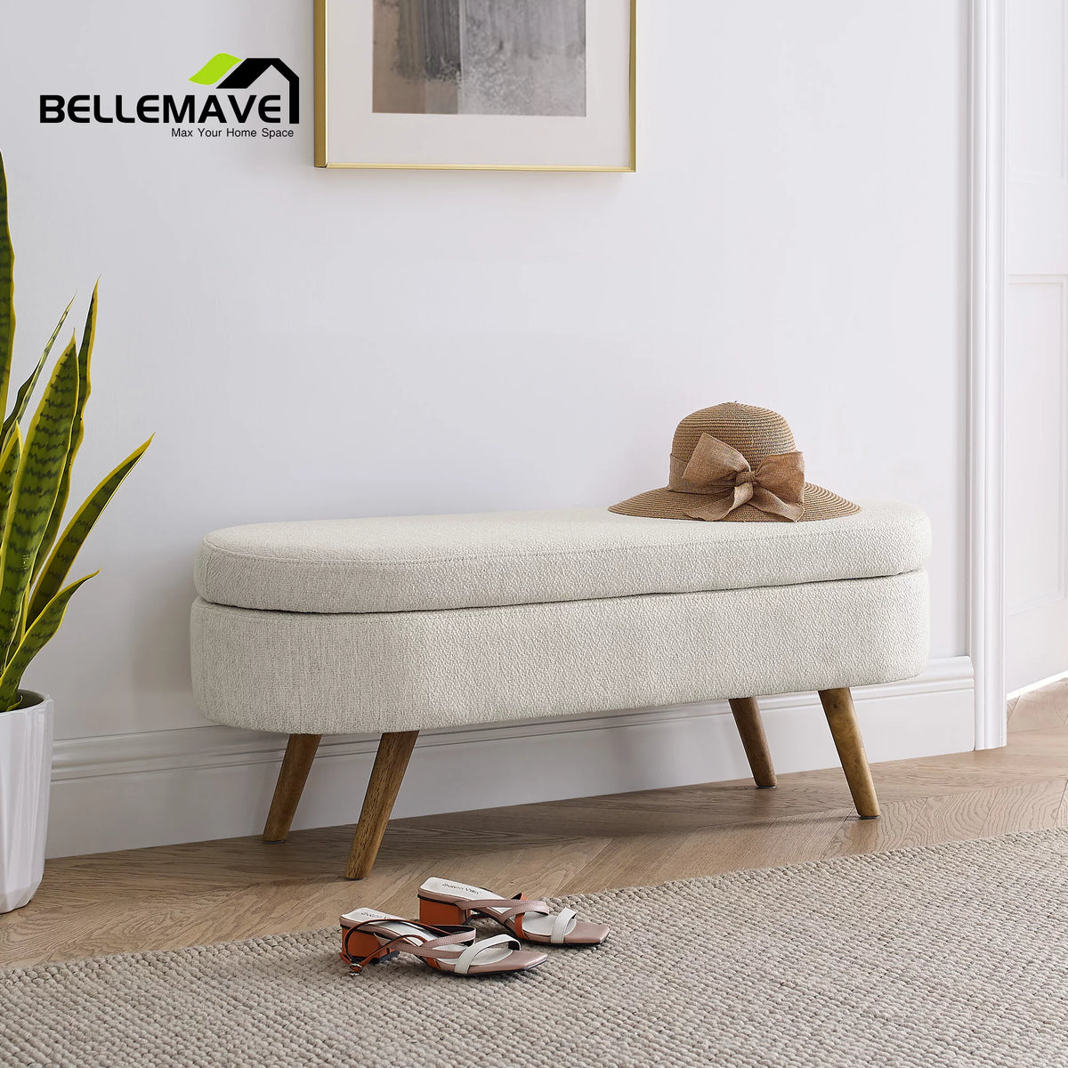 Beige Linen Upholstered Storage Ottoman C2315