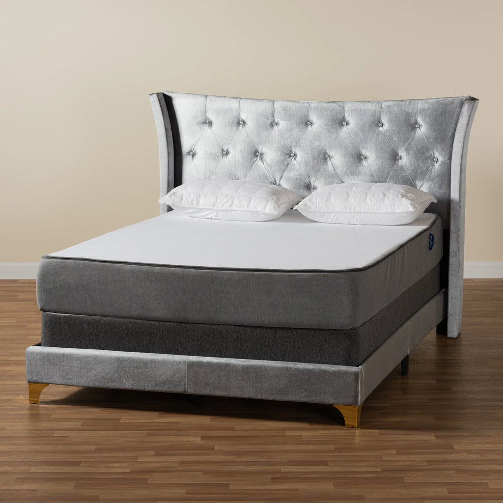 Grey Velvet and Gold Metal Queen Size Panel Bed Z693866