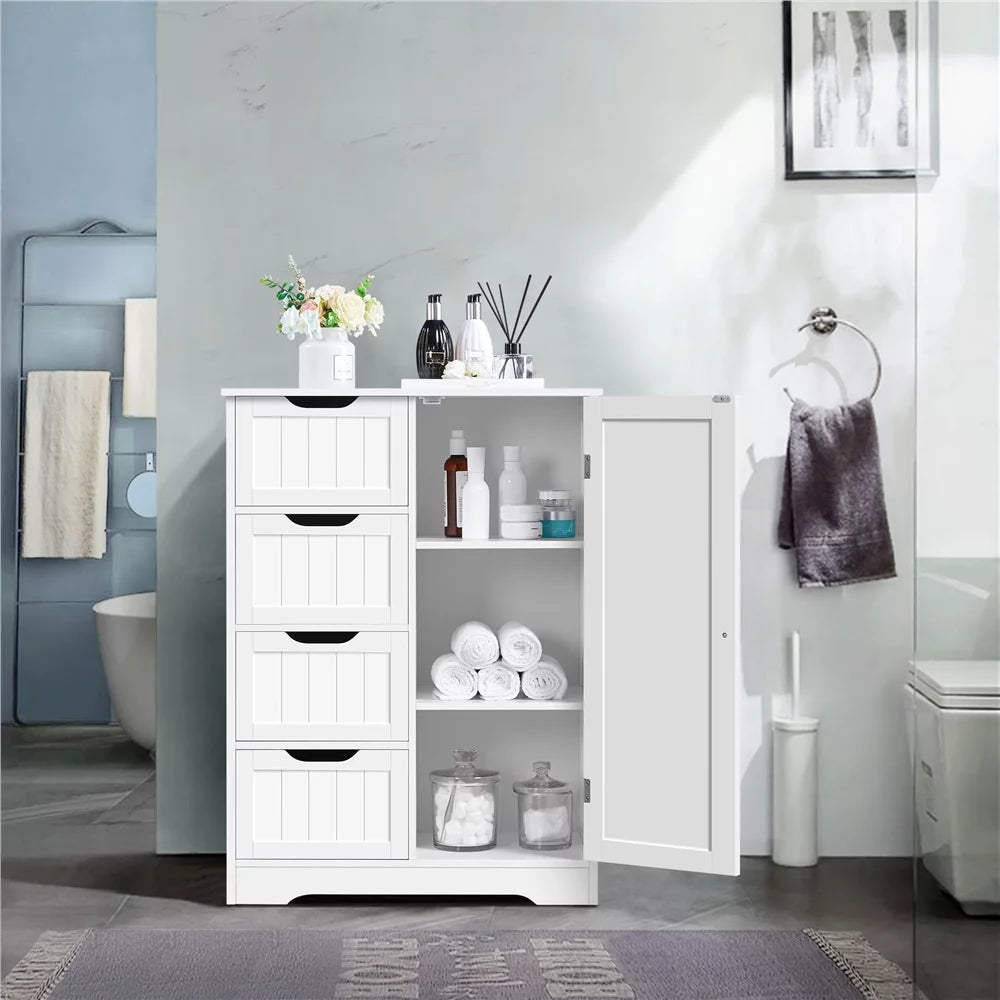 White Wooden Bathroom Floor Cabinet with Drawers and Cupboard J1903