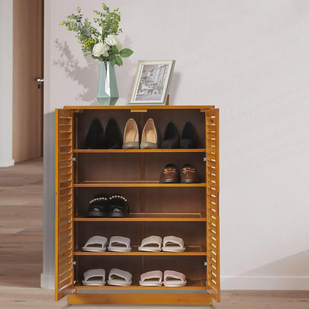 Brown 5 Tier Bamboo Shoe Storage Cabinet with Shutter Doors R825