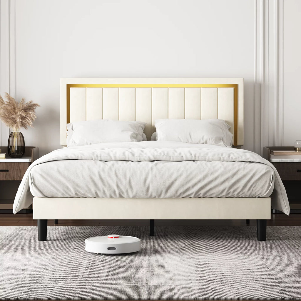 Upholstered Platform Bed Frame with Gold Trim Full Size Fabric Bed O7349