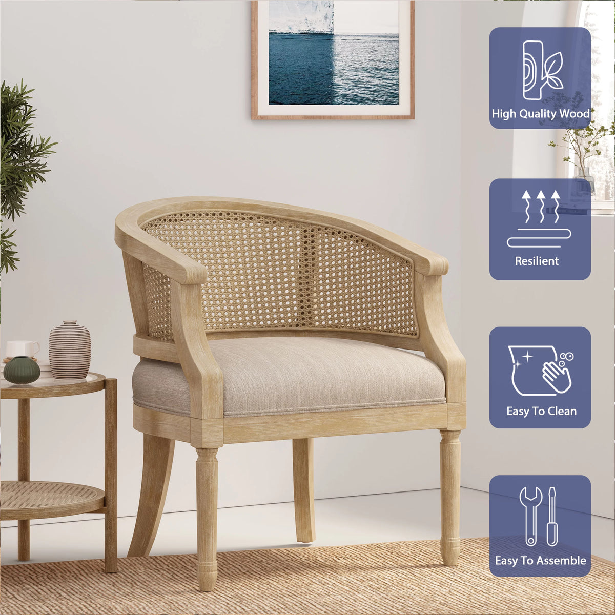 Beige Fabric Upholstered Wood and Cane Accent Chair T428