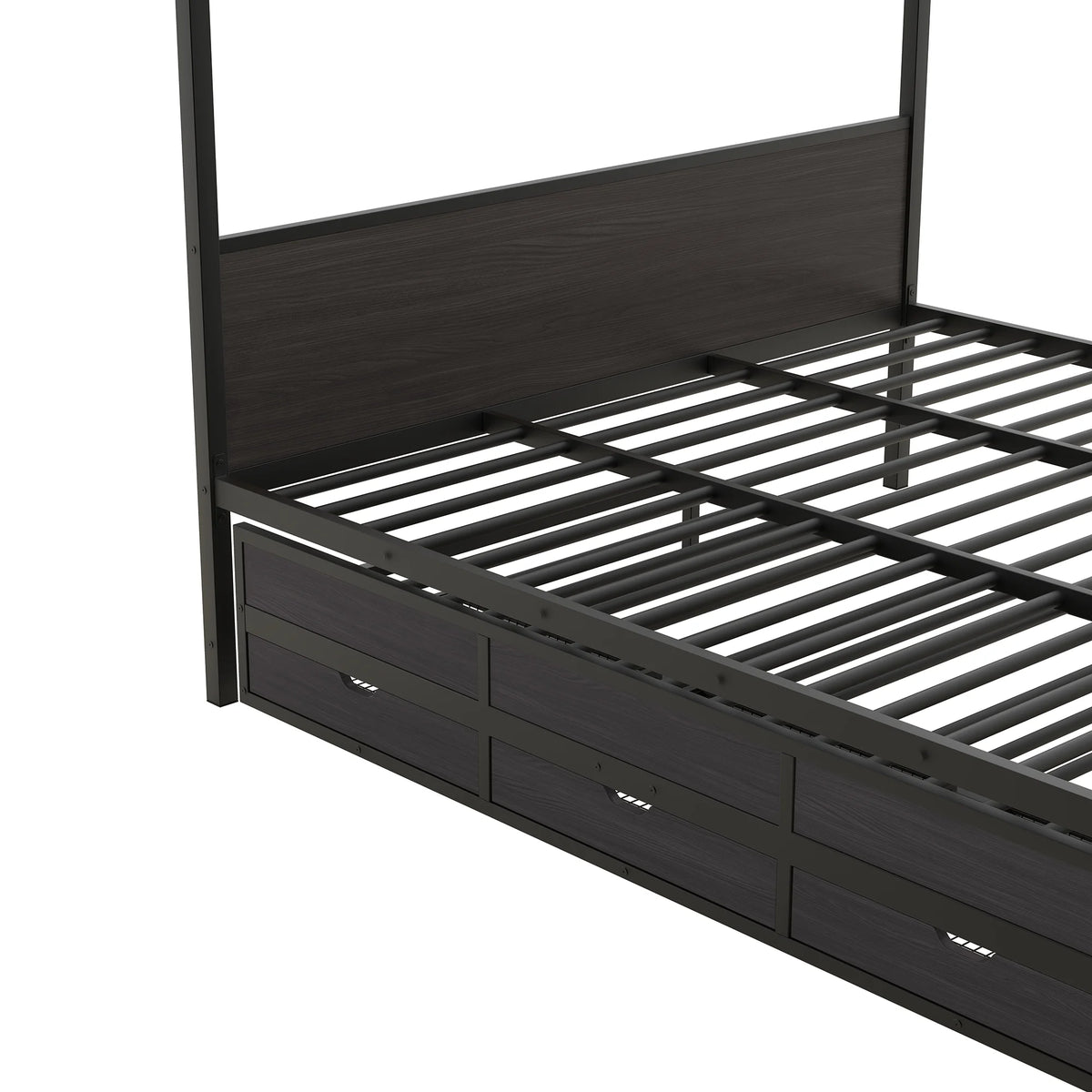 Queen Size Black Metal Canopy Platform Bed with Trundle and 3 Storage Drawers T43864