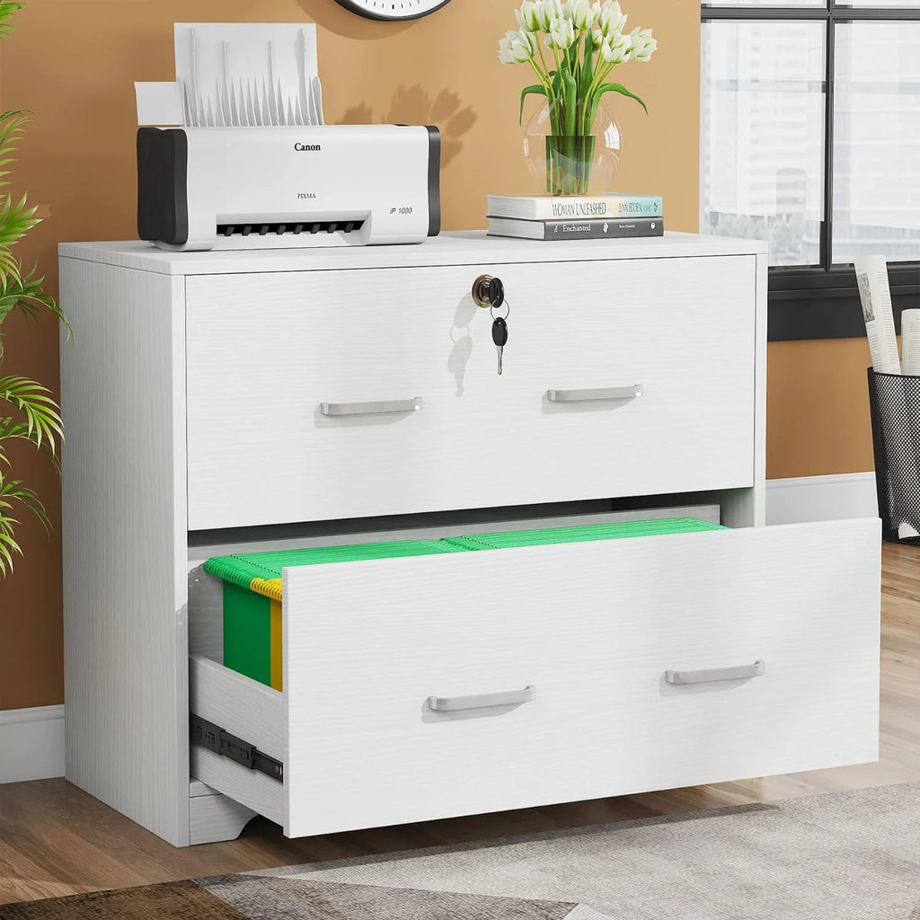 White 2 Drawer Lateral Filing Cabinet with Lock B647853