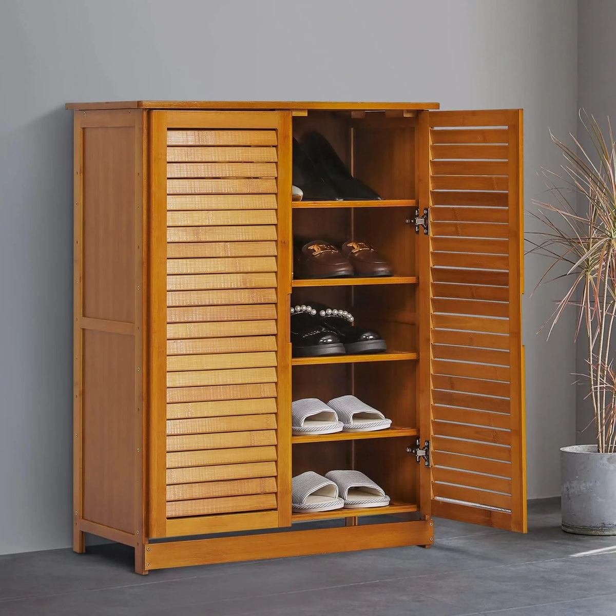 Brown 5 Tier Bamboo Shoe Storage Cabinet with Shutter Doors R825